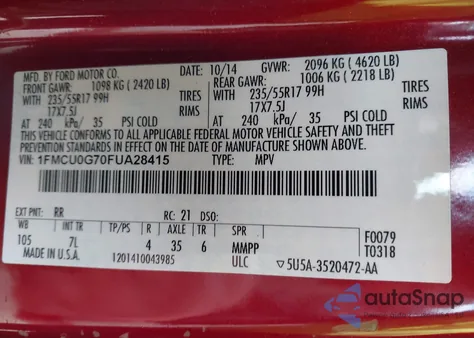 2015 Ford Escape Se z USA, uszkodzony, nr VIN 1FMCU0G70FUA28415